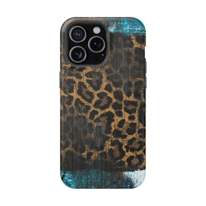 Boho Leopard and Turquoise Tough MagSafe iPhone Case – Rustic Western Design with Dual-Layer Protection