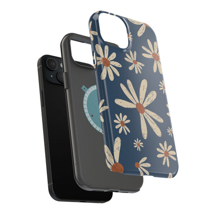 Vintage Daisies MagSafe iPhone Case – Navy Blue Floral Design, Scratch-Resistant with Shock-Absorbing Bumper