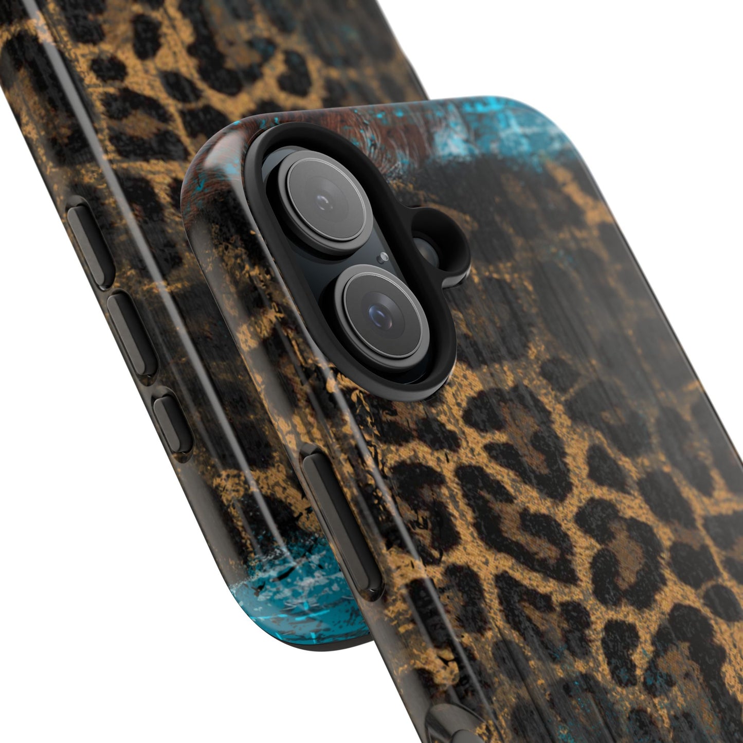 Boho Leopard and Turquoise Tough iPhone Case – Rustic Western Design with Dual-Layer Protection