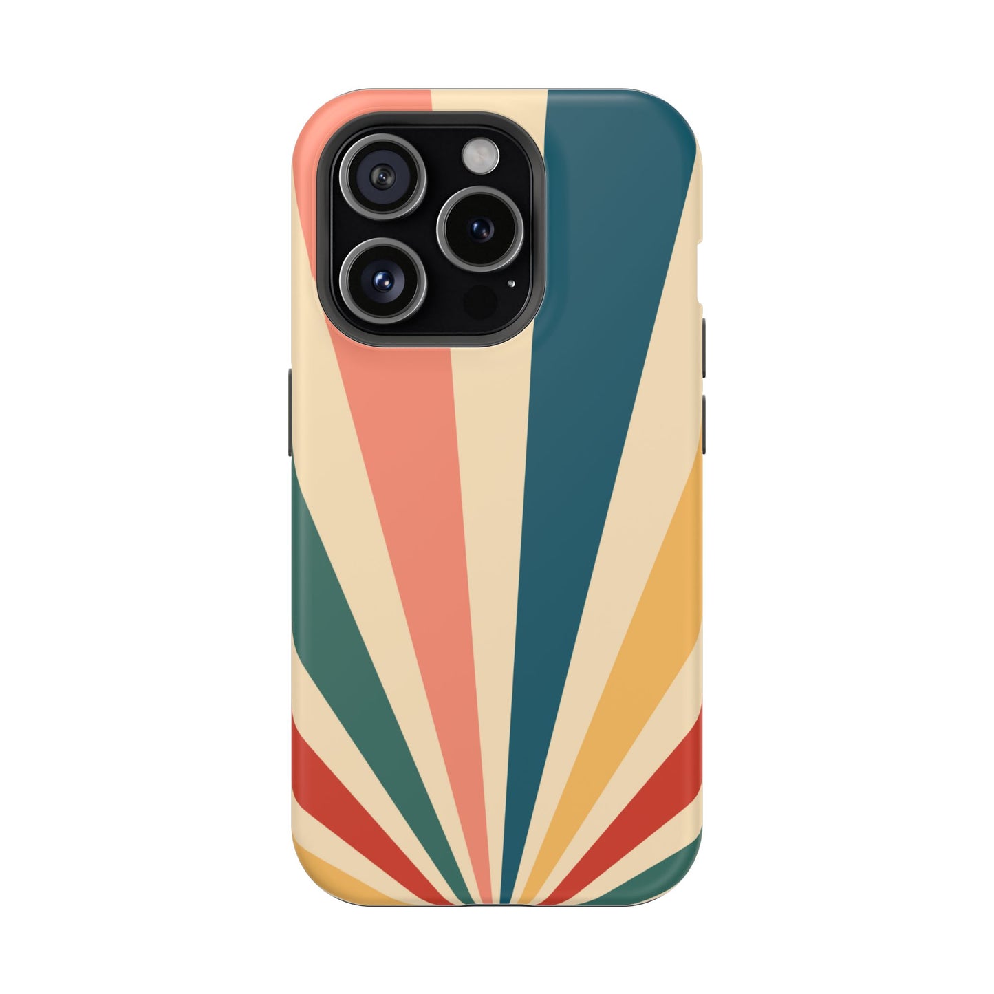 Retro Sunbeam MagSafe iPhone Case – 70s-Inspired Radiating Stripes in Coral, Teal, and Mustard