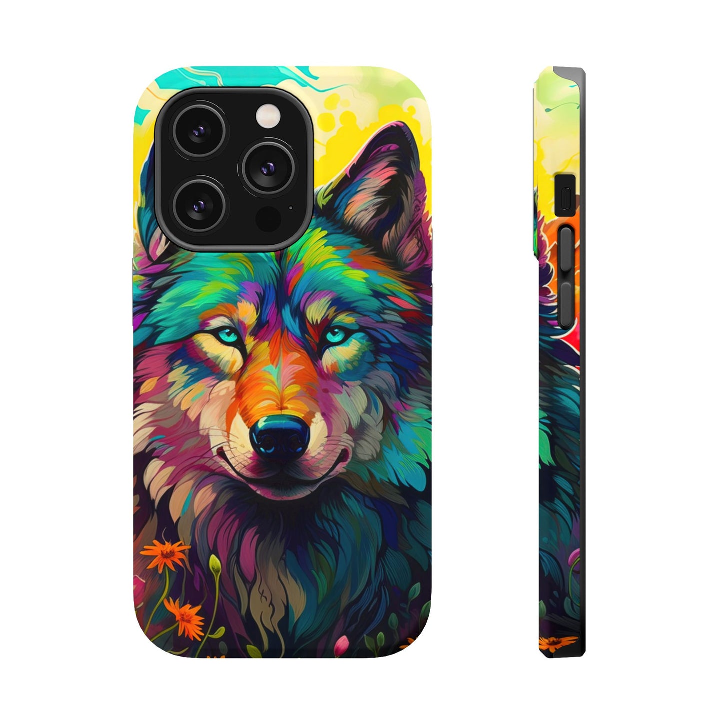 Rainbow Wolf in Bloom – MagSafe iPhone Case with Nature-Inspired Design