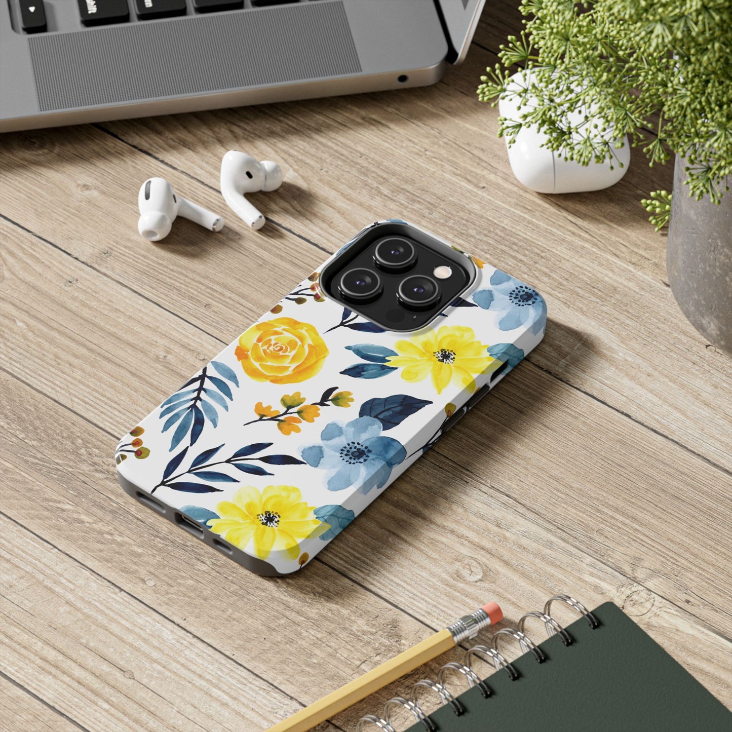 Golden Yellow & Sky Blue Floral – Watercolor Botanical iPhone Case