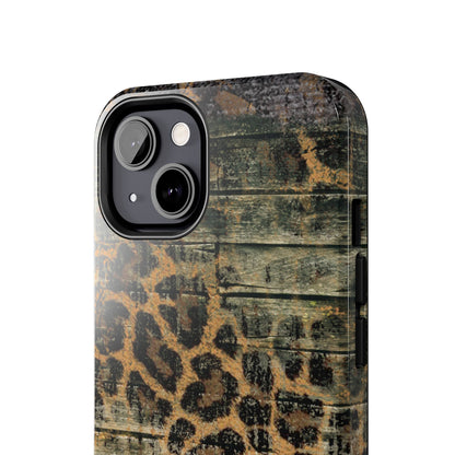 Rustic Wood and Leopard Print Tough iPhone Case – Distressed Western Design with Dual-Layer Protection