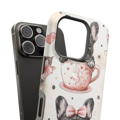 French Bulldogs in Teacups MagSafe iPhone Case – Cute Dog Design with Hearts & Bows, Shockproof & Slim