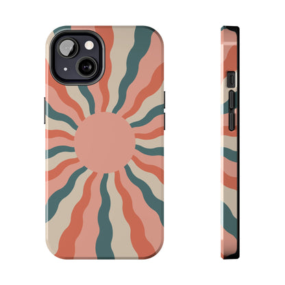 Retro Sunburst iPhone Case – Bold 70s-Inspired Waves in Coral, Teal, and Cream