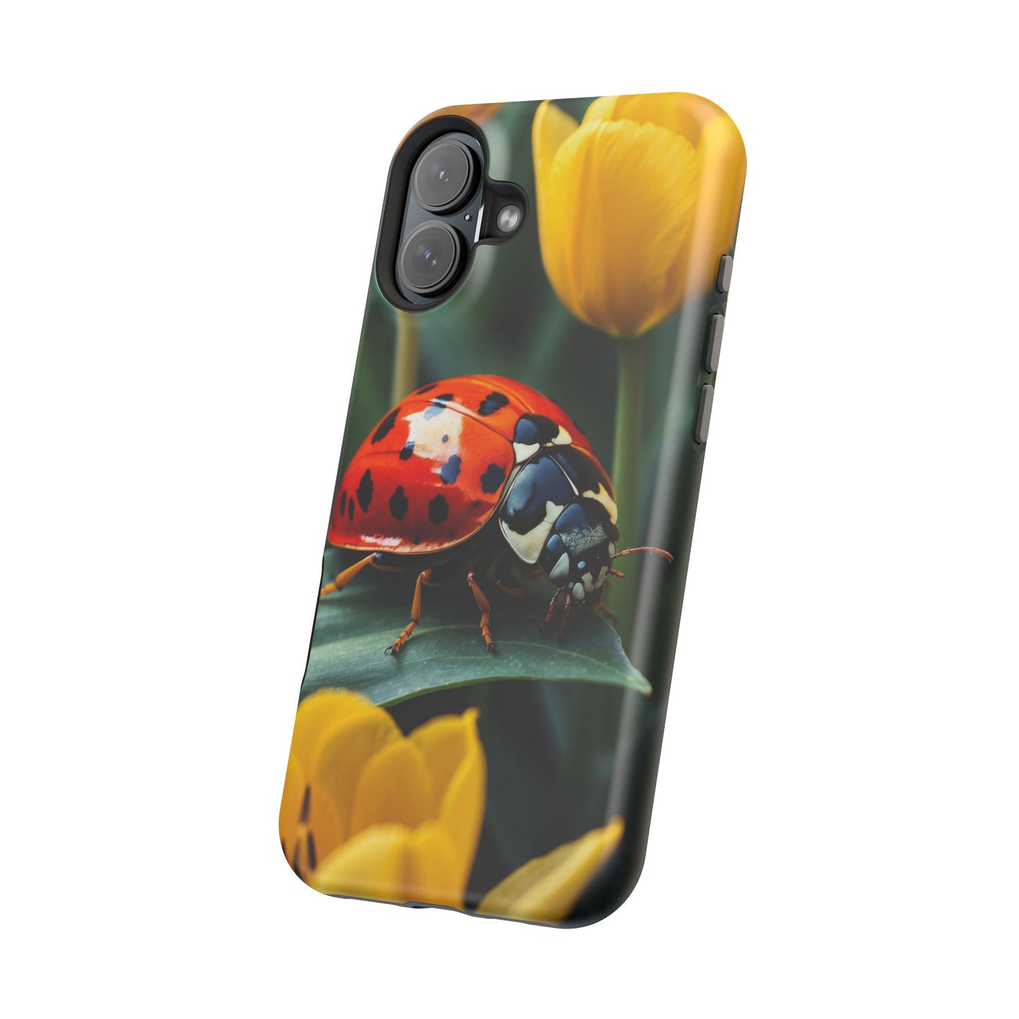 MagSafe iPhone Case: Vibrant Ladybug Amidst a Lush Yellow Flower Garden