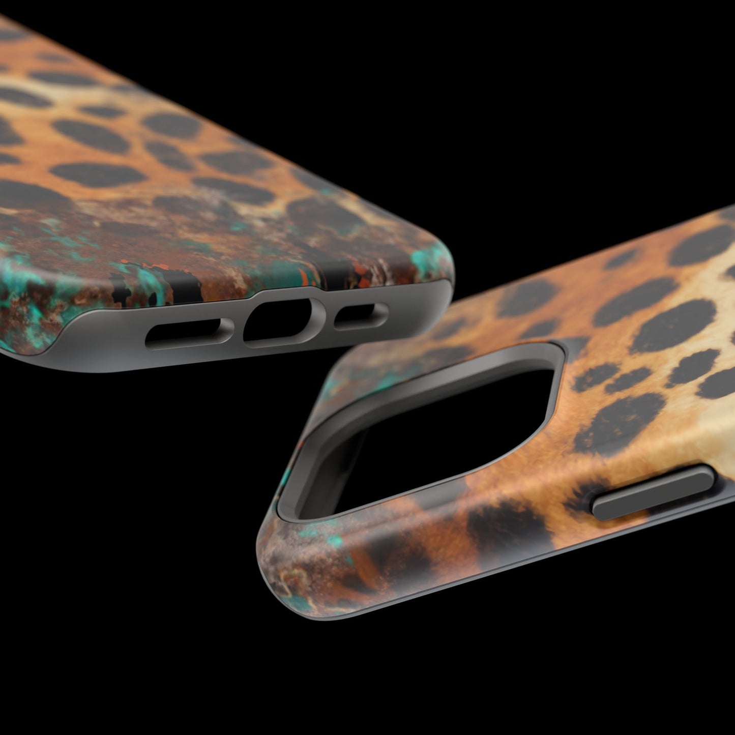 Rustic Leopard Print Tough MagSafe iPhone Case – Distressed Turquoise and Animal Pattern with Dual-Layer Protection