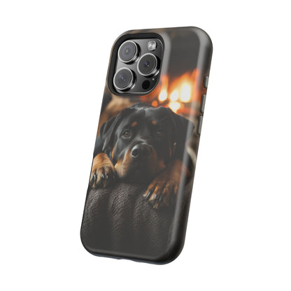 Cozy Rottweiler by the Fireplace MagSafe iPhone Case – Warm Rustic Design