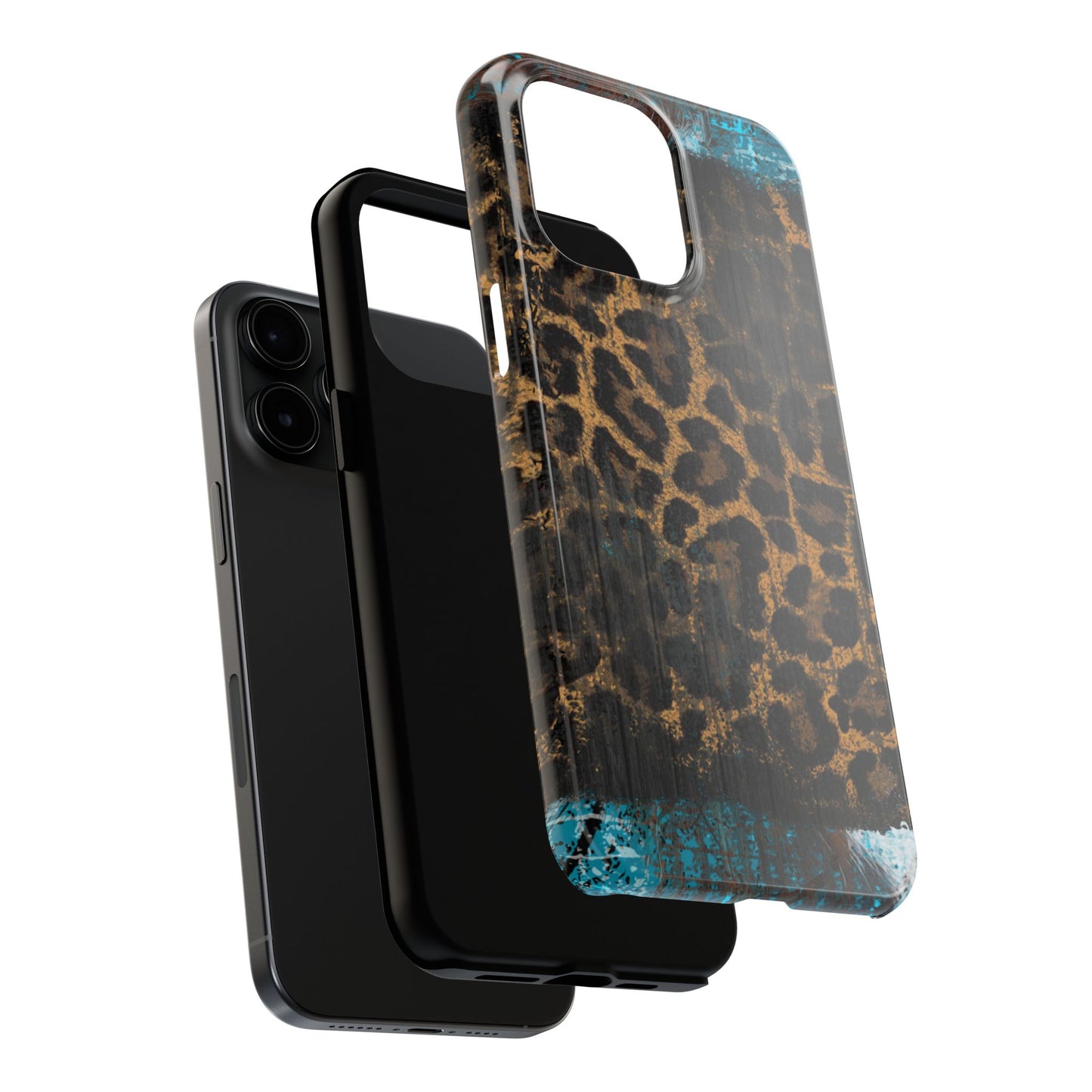 Boho Leopard and Turquoise Tough iPhone Case – Rustic Western Design with Dual-Layer Protection