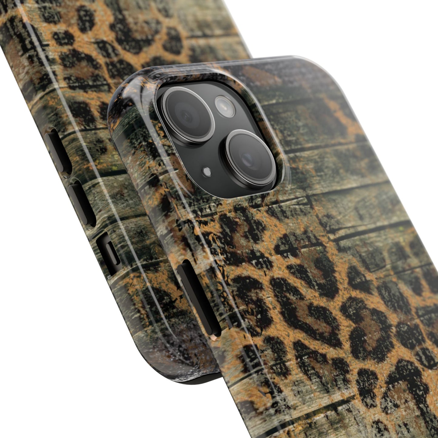 Rustic Wood and Leopard Print Tough iPhone Case – Distressed Western Design with Dual-Layer Protection