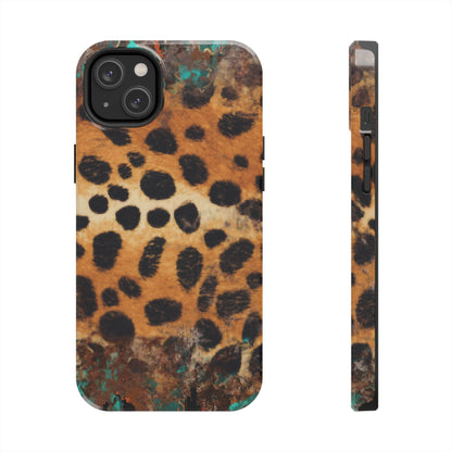 Rustic Leopard Print Tough iPhone Case – Distressed Turquoise and Animal Pattern with Dual-Layer Protection