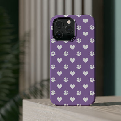 Lavender Paw Prints & Hearts Design - Adorable Pet Lover MagSafe iPhone Case