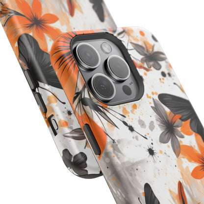 Orange Blossom & Black Butterfly MagSafe iPhone Case – Bold Floral Pattern with Modern Abstract Style