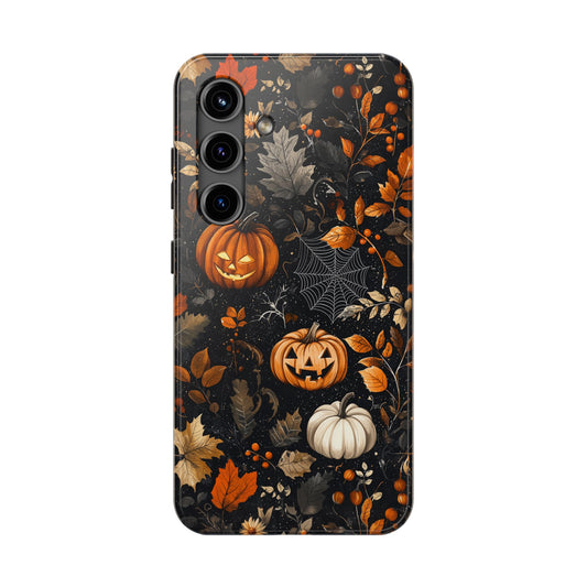 Elegant Halloween Samsung Galaxy  Case – Pumpkin Jack-o'-Lanterns, Cobwebs & Autumn Foliage Design