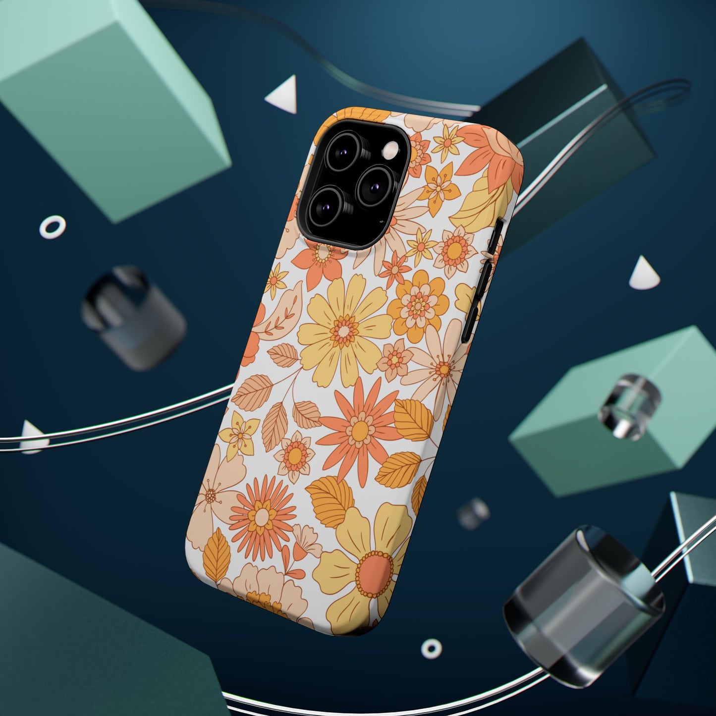 Vintage Floral Bloom MagSafe iPhone Case – Warm Orange & Yellow Retro Flower Design with Matte Finish