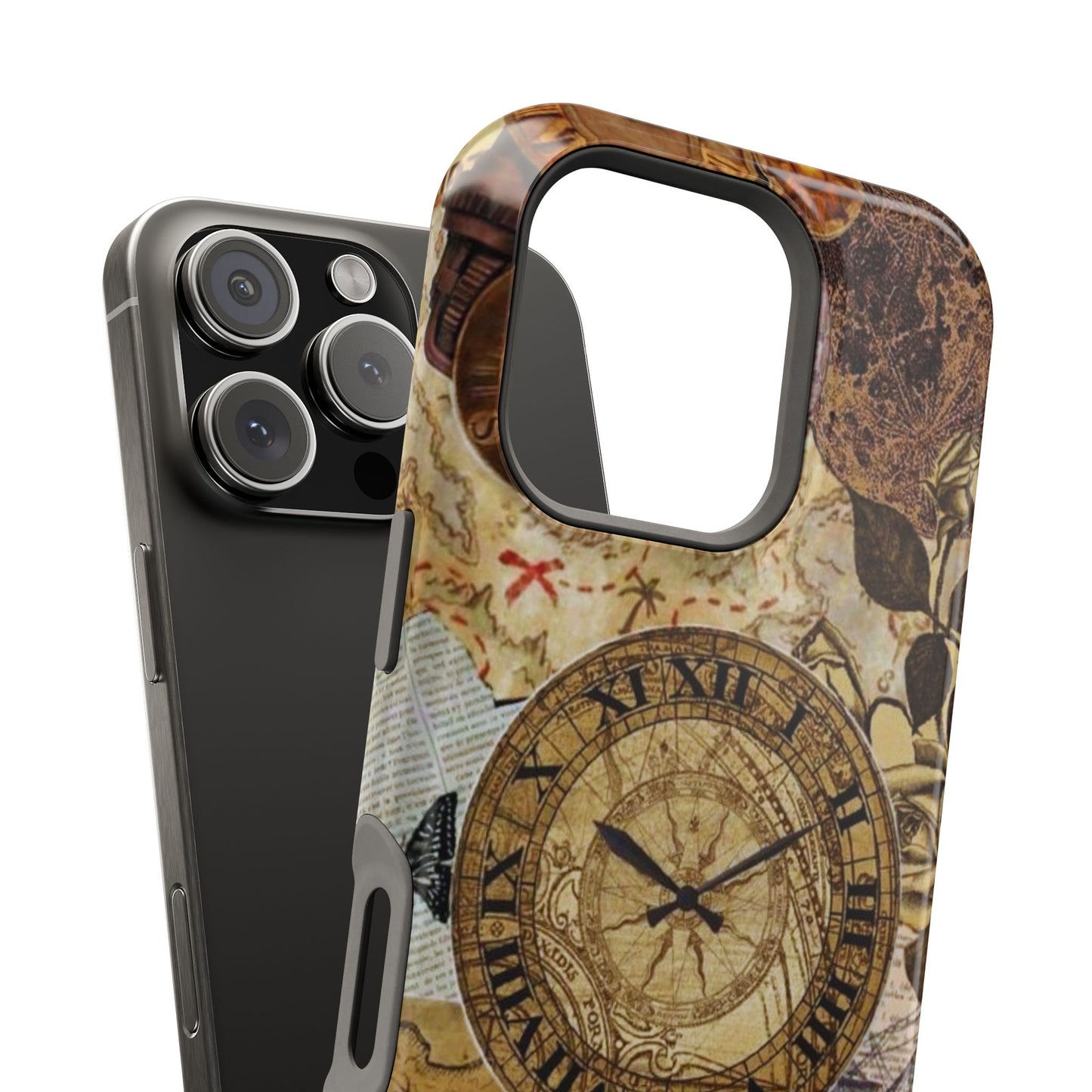 Steampunk Vintage Adventure MagSafe iPhone Case – Dual-Layer Protection with Antique Map and Clock Design