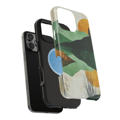 Retro Mountain Sunrise MagSafe iPhone Case – Minimalist Landscape Design, Dual-Layer Protection