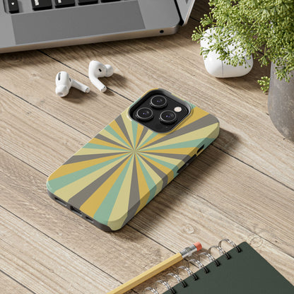 Vintage Sunburst Rays iPhone Case – Bold 70s-Inspired Burst in Yellow, Mint, and Gray