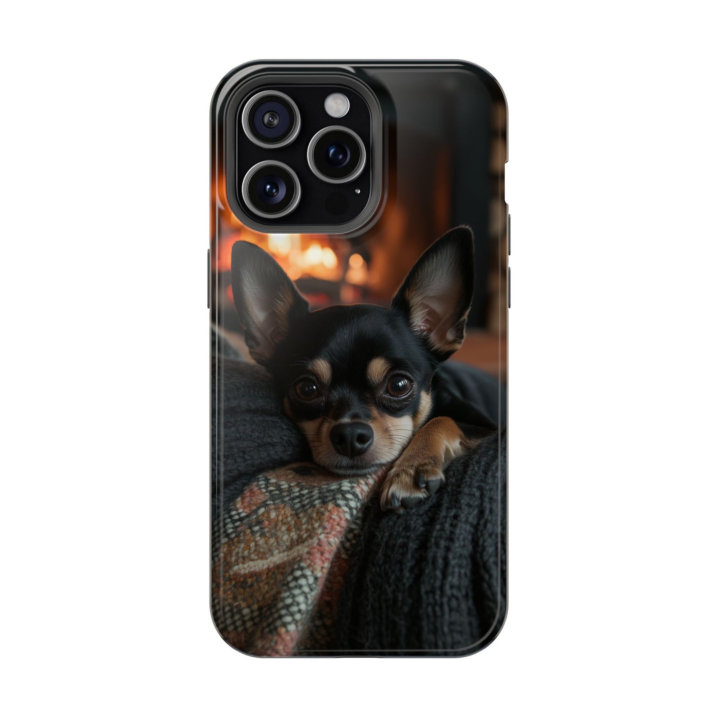 Cozy Chihuahua Fireplace MagSafe iPhone Case – Elegant and Functional Design