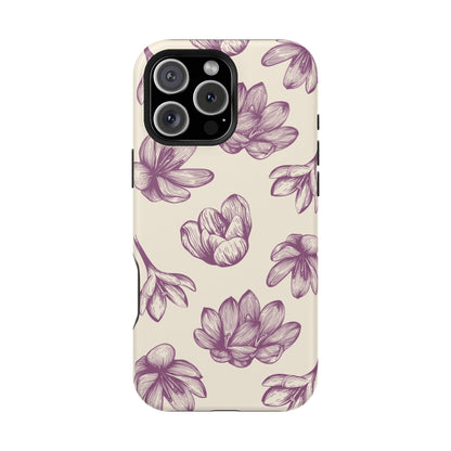 Vintage Botanical Floral Tough MagSafe iPhone Case – Hand-Drawn Purple Flowers, Shockproof Design