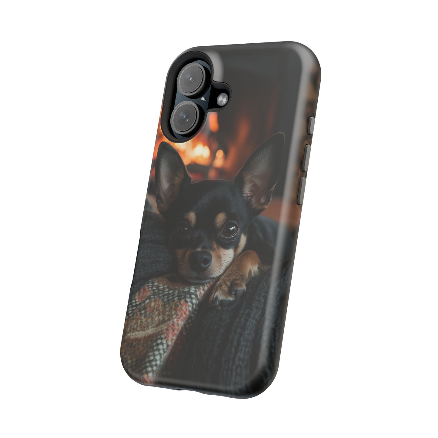 Cozy Chihuahua Fireplace MagSafe iPhone Case – Elegant and Functional Design