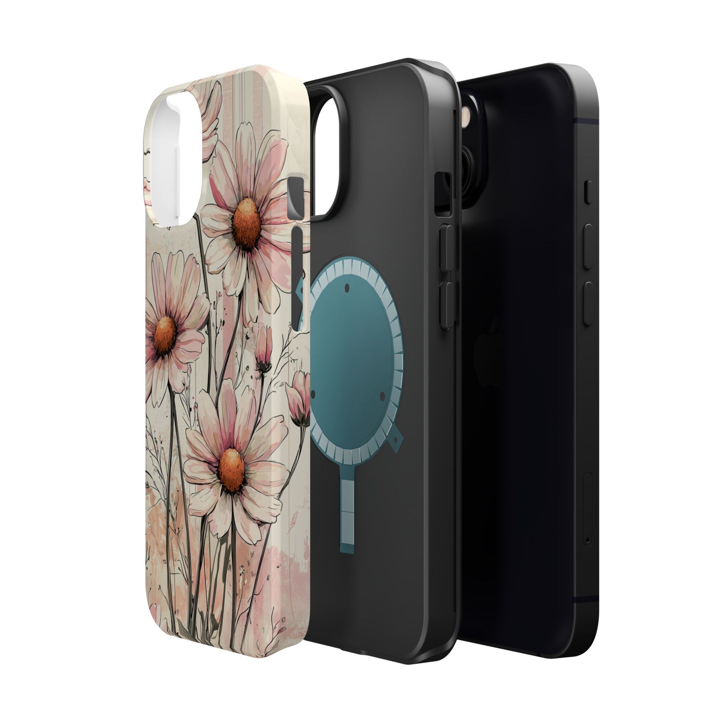 Pastel Pink Daisy MagSafe iPhone Case - Elegant Floral Plaid Protective Cover