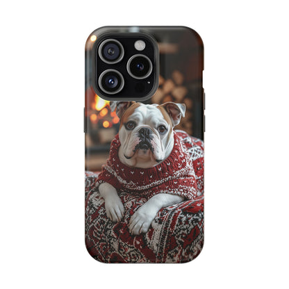 Cozy Bulldog in Sweater MagSafe iPhone Case – Festive Fireplace Protective Cover