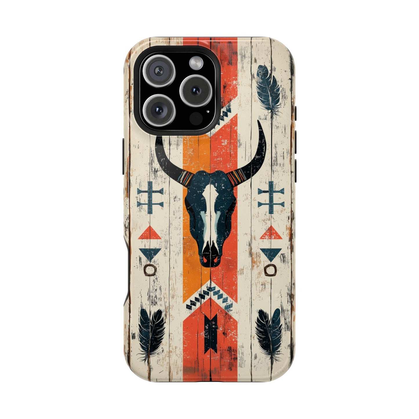 Rustic Western Bull Skull Tough MagSafe iPhone Case – Distressed Wood Design, Dual-Layer Protection