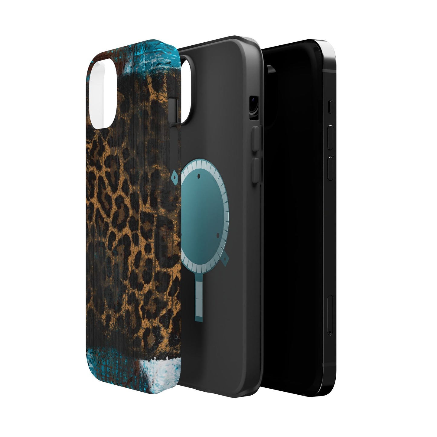 Boho Leopard and Turquoise Tough MagSafe iPhone Case – Rustic Western Design with Dual-Layer Protection