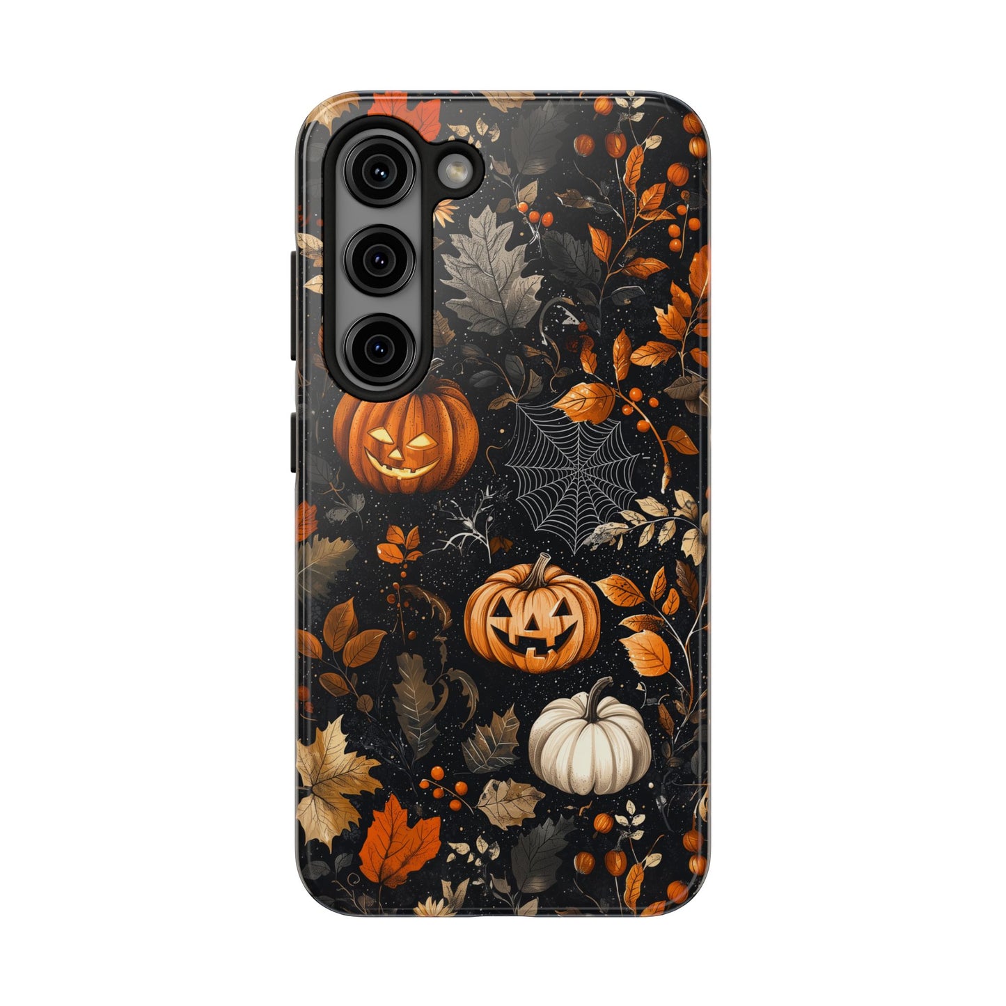 Elegant Halloween Samsung Galaxy  Case – Pumpkin Jack-o'-Lanterns, Cobwebs & Autumn Foliage Design