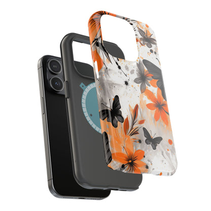 Orange Blossom & Black Butterfly MagSafe iPhone Case – Bold Floral Pattern with Modern Abstract Style