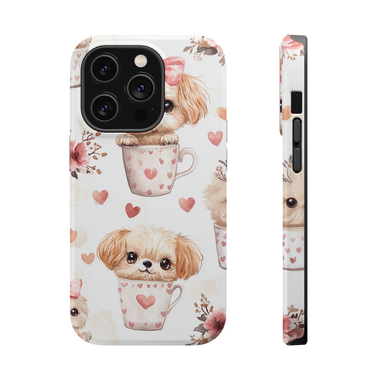 Cute Puppies in Heart MagSafe iPhone Case – Adorable Dog & Floral Design, Shockproof & Slim