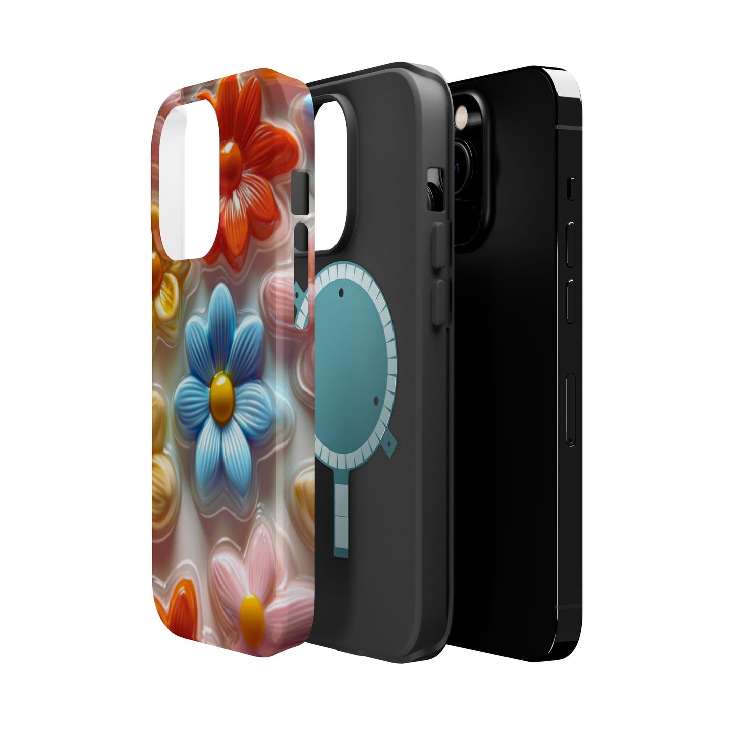 Glossy Retro Flower MagSafe iPhone Case – Colorful 3D Floral Design, Durable Protection