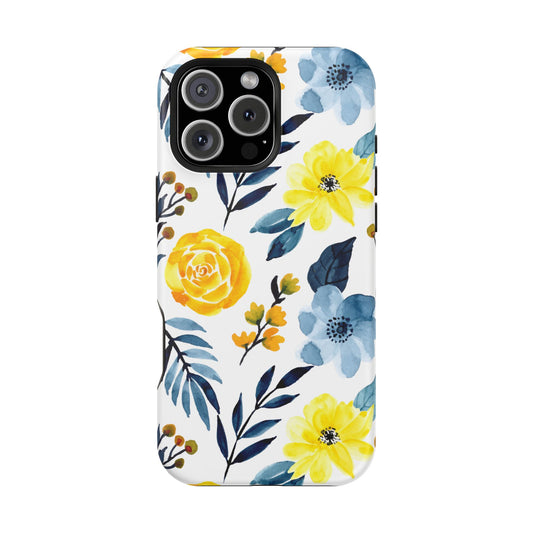 Golden Yellow & Sky Blue Floral – Watercolor Botanical MagSafe iPhone Case