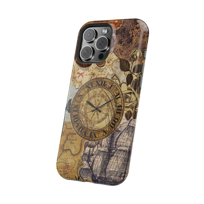 Steampunk Vintage Adventure MagSafe iPhone Case – Dual-Layer Protection with Antique Map and Clock Design