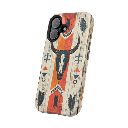 Rustic Western Bull Skull Tough MagSafe iPhone Case – Distressed Wood Design, Dual-Layer Protection