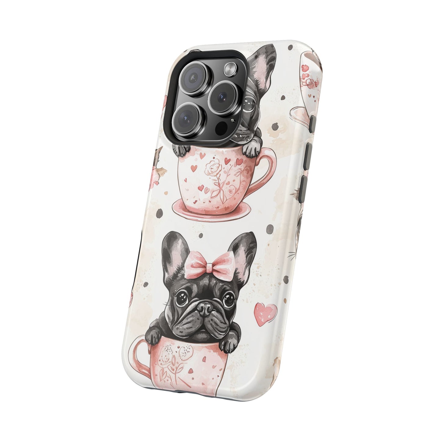 French Bulldogs in Teacups MagSafe iPhone Case – Cute Dog Design with Hearts & Bows, Shockproof & Slim