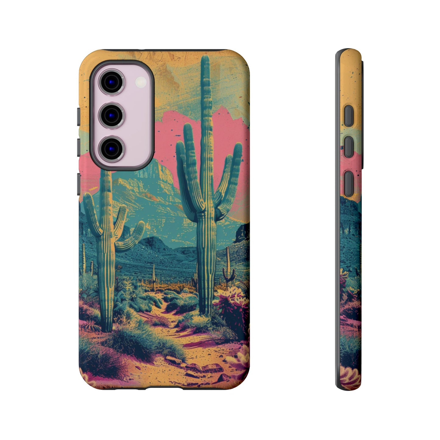 Desert Oasis Retro Cactus Phone Case - Vibrant Sunset Landscape for iPhone 15/14/13/12, Samsung S24/S23/S22/S21, & Google Pixel