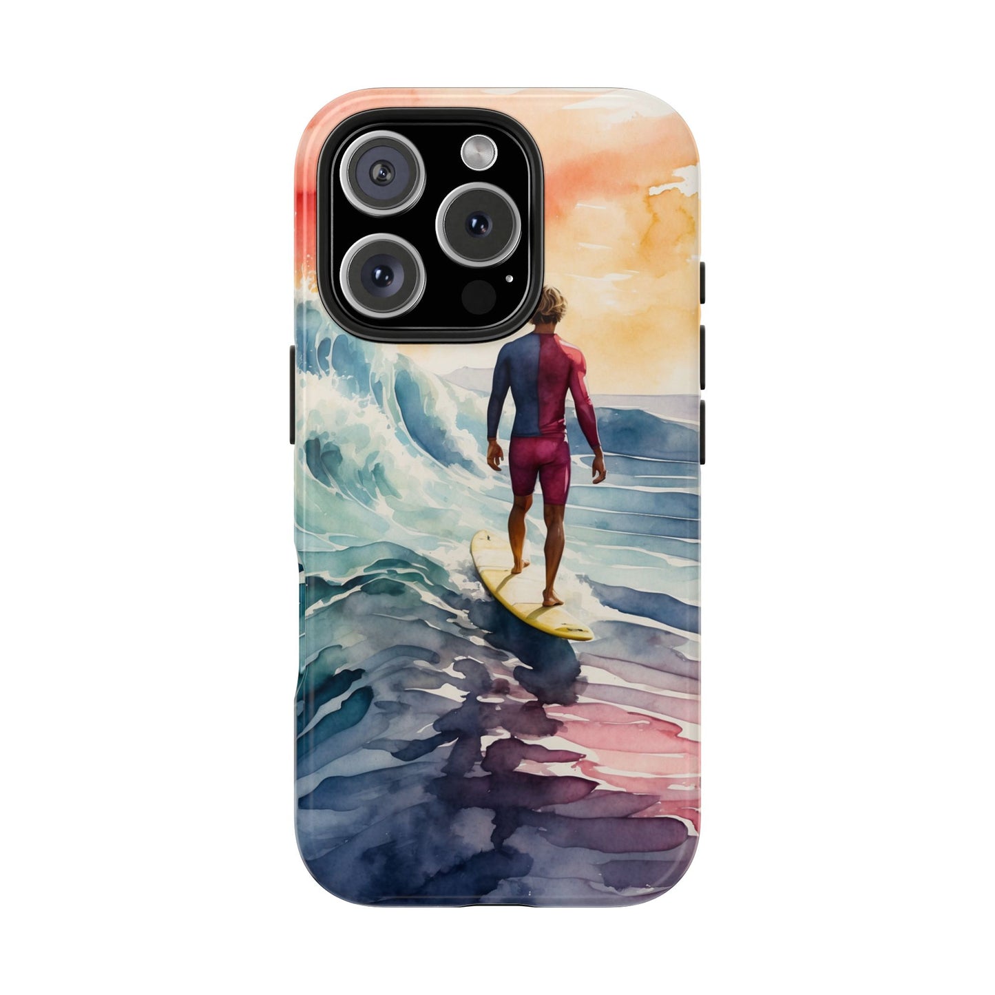 Surfer’s Sunset Wave iPhone Case – Vibrant Watercolor Design