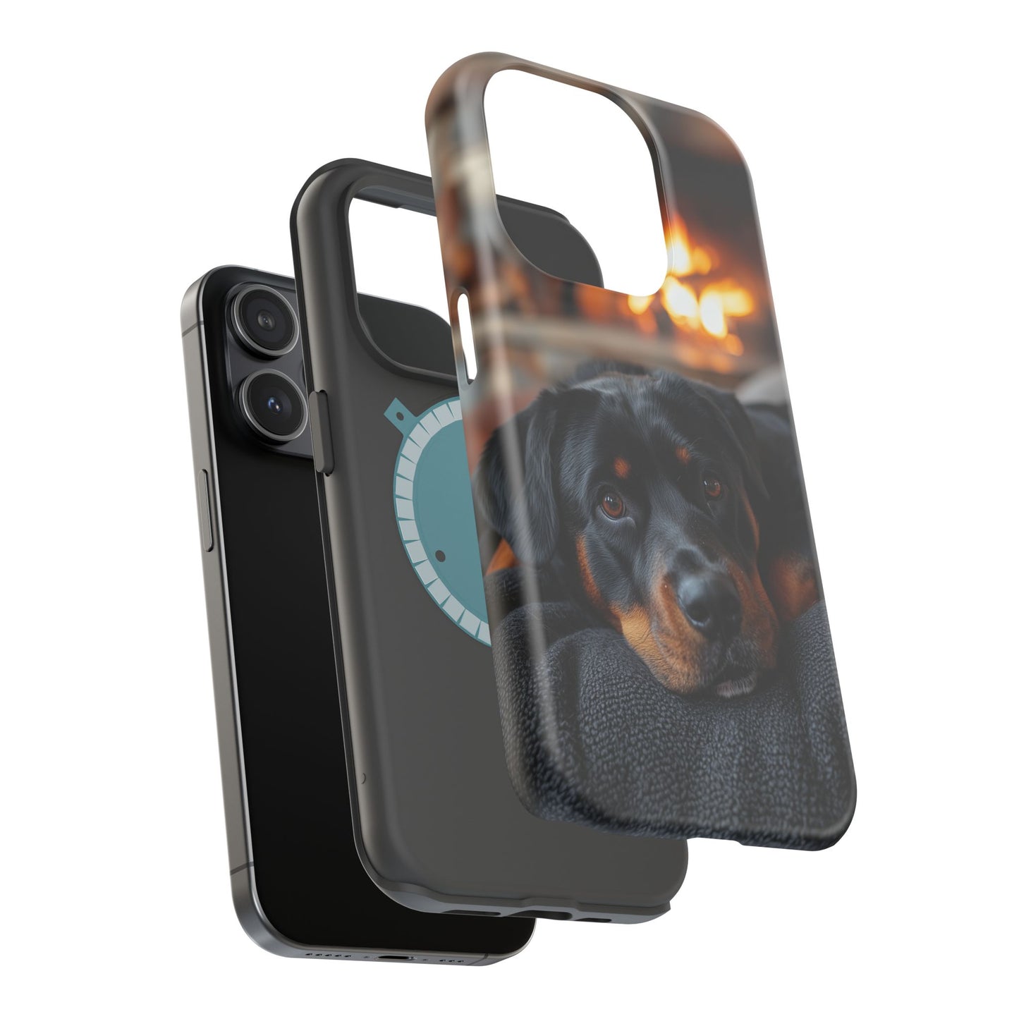 Charming Rottweiler by the Fireplace MagSafe iPhone Case – Cozy & Functional Design