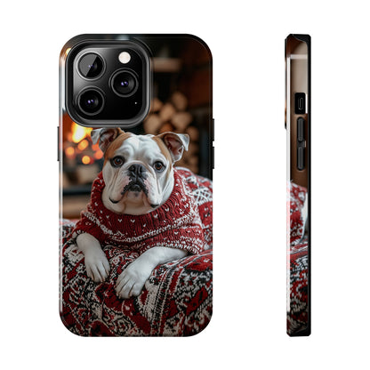 Cozy Bulldog in Sweater iPhone Case – Festive Fireplace Protective Cover