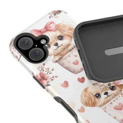 Cute Puppies in Heart MagSafe iPhone Case – Adorable Dog & Floral Design, Shockproof & Slim