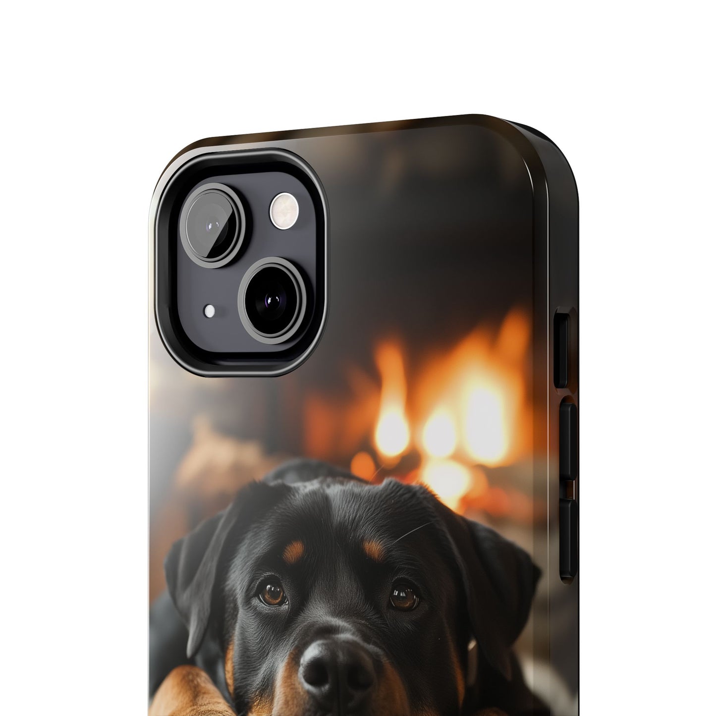 Cozy Rottweiler by the Fireplace iPhone Case – Warm Rustic Design