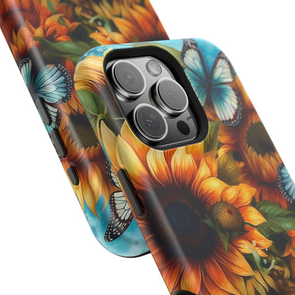 Aqua Blue Butterfly & Sunflower Art – MagSafe iPhone Case