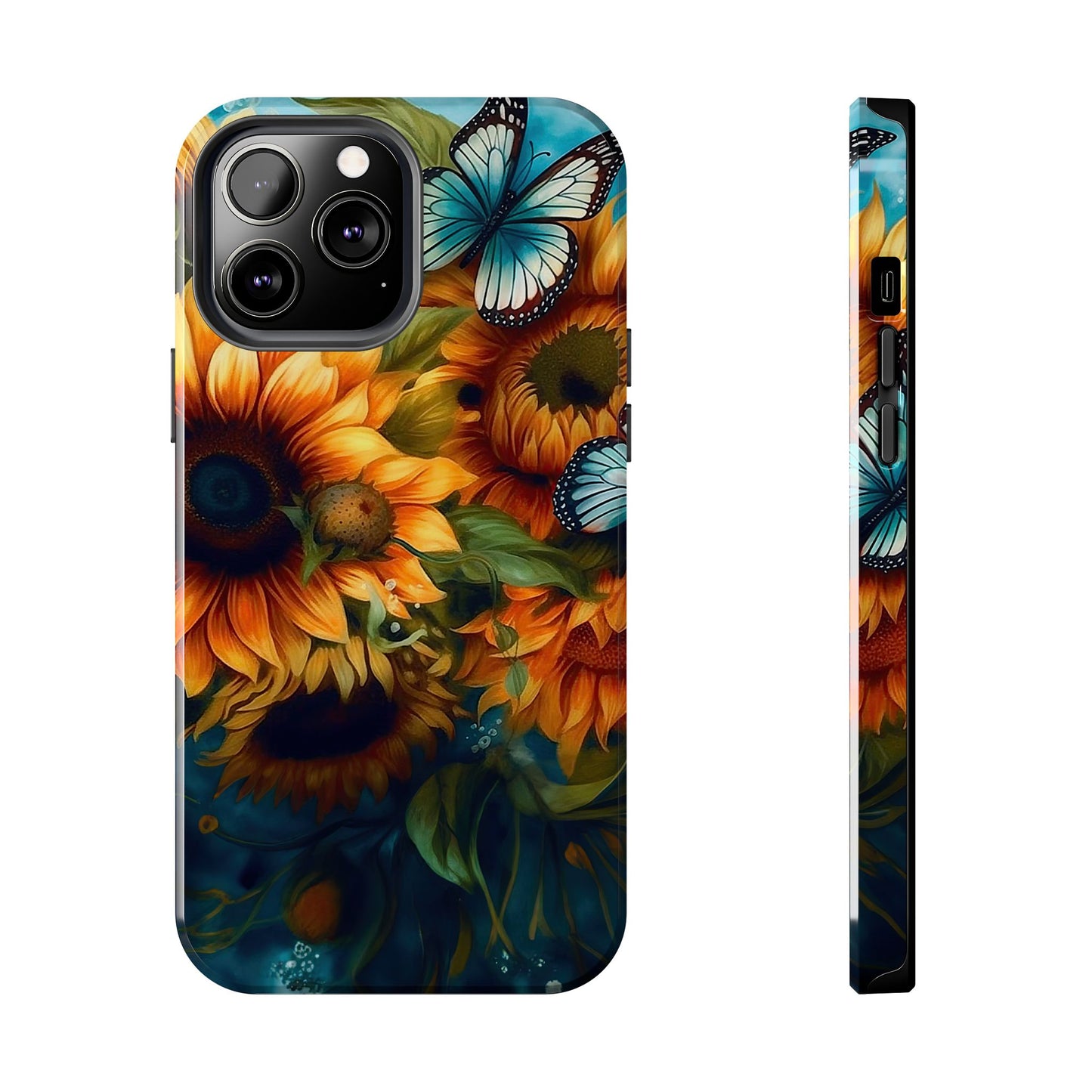 Aqua Blue Butterfly & Sunflower Art – iPhone Case