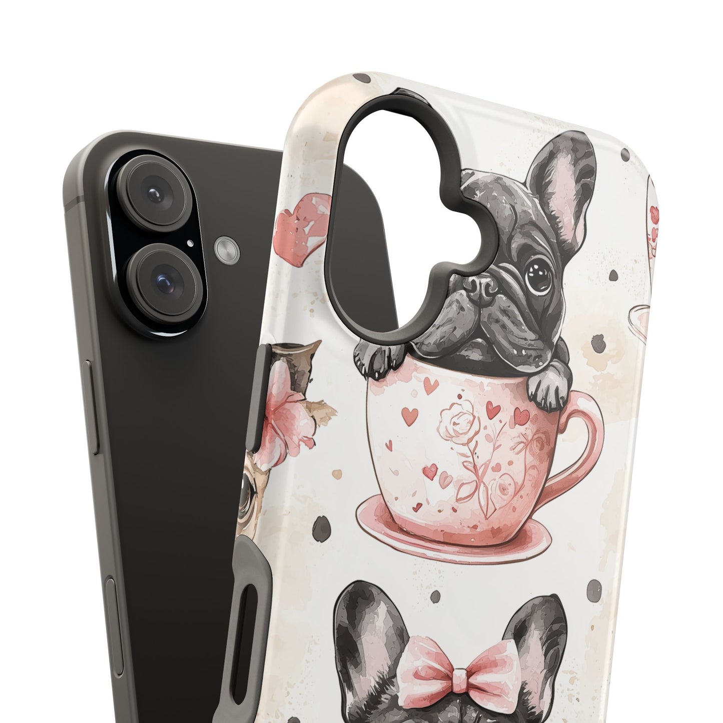 French Bulldogs in Teacups MagSafe iPhone Case – Cute Dog Design with Hearts & Bows, Shockproof & Slim