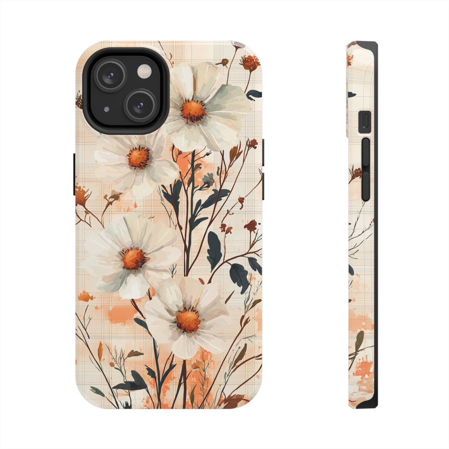 Pastel Orange Floral iPhone Case - Elegant Plaid Protective Cover