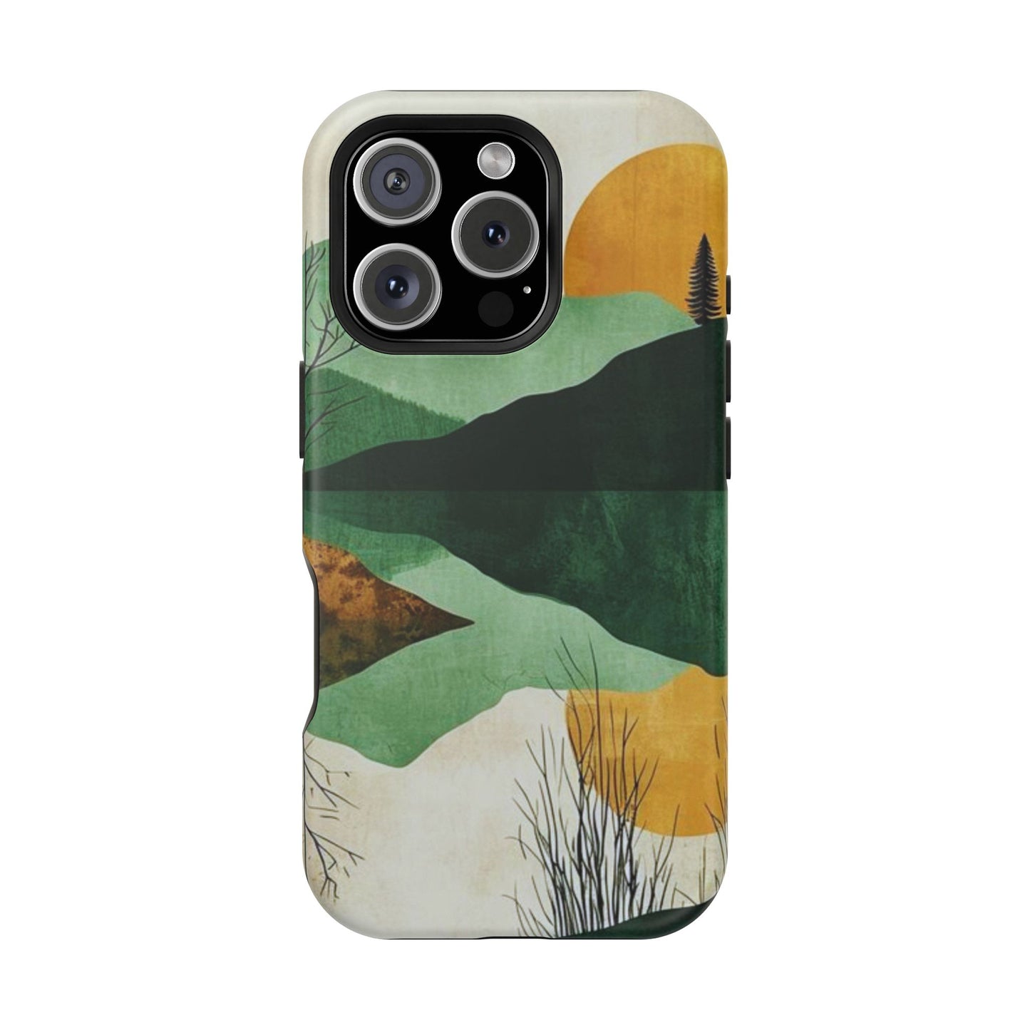 Retro Mountain Sunrise MagSafe iPhone Case – Minimalist Landscape Design, Dual-Layer Protection