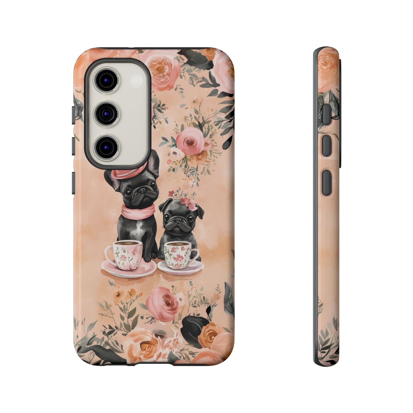 Floral French Bulldogs Samsung Galaxy Case – Elegant Dog Design with Tea Cups & Roses, Shockproof Protection