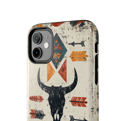 Tribal Bull Skull & Arrows Tough iPhone Case – Rustic Western Design, Dual - Layer Protection - BOGO Cases